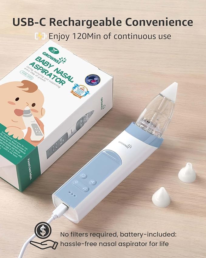 GROWNSY Nasal Aspirator for Baby, Electric Nose Aspirator for Toddler, Baby Nose Sucker, Automatic Nose Cleaner with 3 Silicone Tips, Adjustable Suction Level, Music and Light Soothing Function, Blue