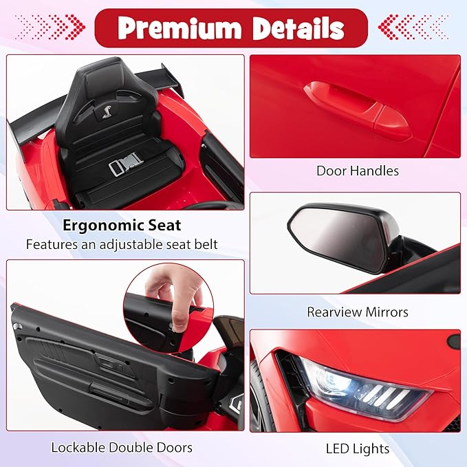 Costzon Ride on Car, 12V Licensed Ford Mustang Shelby GT500 Kids' Electric Vehicles w/Remote Control, USB Port, Radio, Music, Player, High Low Speed & Soft Start, Racing Kids Car for Toddlers (Red)