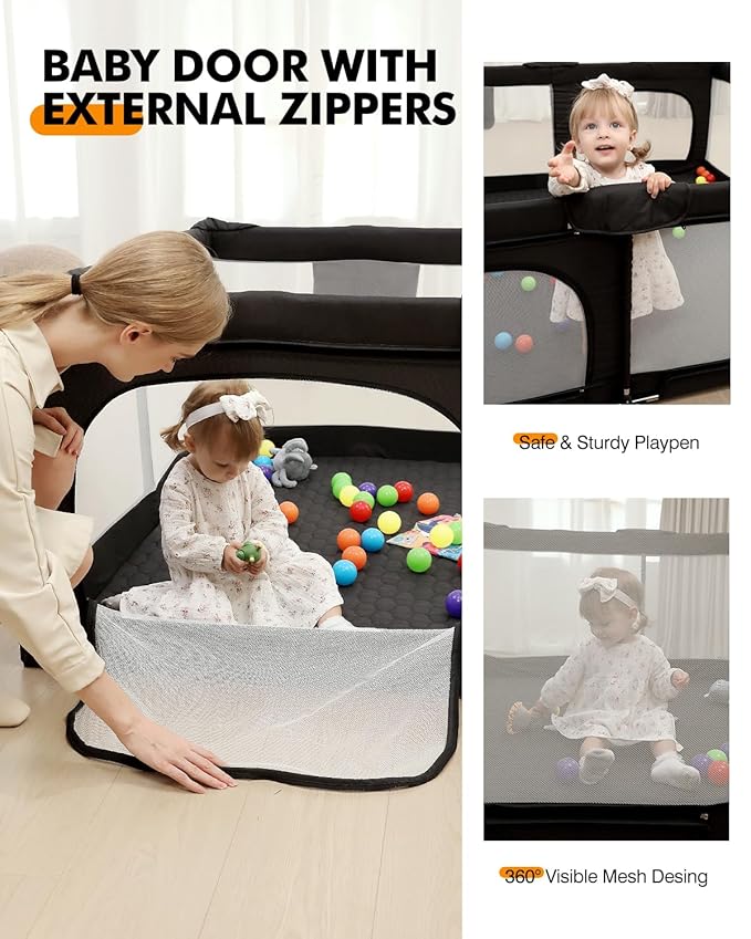 Foldable Baby Playpen with Non-Removable Thick Mat, Extra Large Collapsible Play Yard for Babies & Toddlers, Portable Travel Playpen with Gate, Safe Activity Center (51"×51" Black)