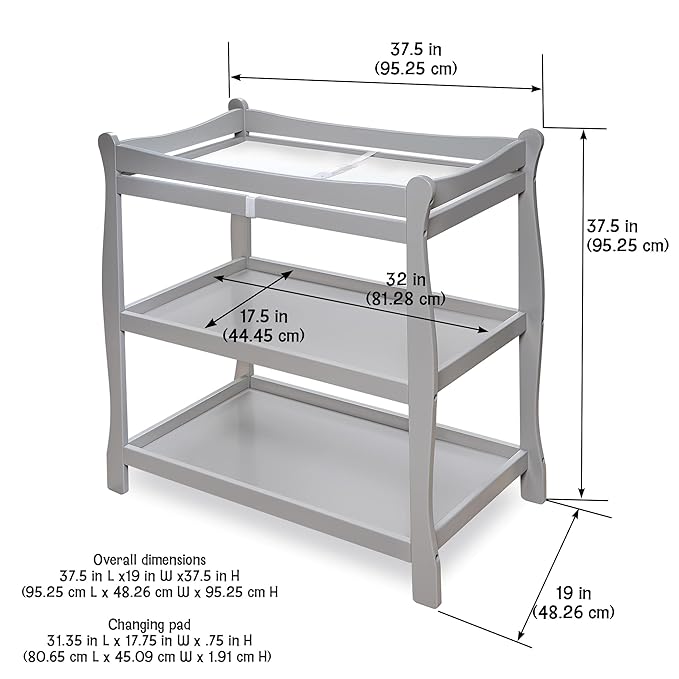 Badger Basket Sleigh Style Baby Changing Table - Nursery Diaper Station with Safety Rails, Foam Pad, and Two Storage Shelves - Nursery Organizer - Gray