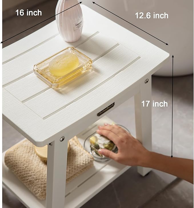 HDPS Shower Bench, White Plastic Shower Stool Seat for Shaving Legs, Spa Bath Seat, Heavy Duty Waterproof, Non-Slip, No Maintenance