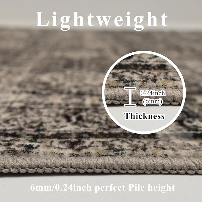 Washable 6x9 Area Rug for Living Room, Carpet for Bedroom Dining Room, Non Slip&Non-Shedding Resistant Low Pile Vintage Print Rug for Home Office (Brown)