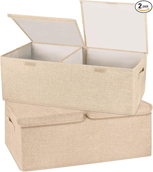 2 Pack Storage Boxes with Lids and Handles, Collapsible Linen Storage Bins Organizer Containers Baskets Cube with Removable Divider for Home Bedroom Closet Office (Khaki, Small)
