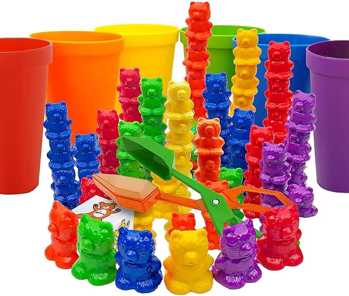 Skoolzy Rainbow Stacking Bears with Matching Sorting Cups 69 Piece Set, 60 Bear counters, Scissor Tongs, Rainbow Cups, Storage Bag, Sorting dice Game