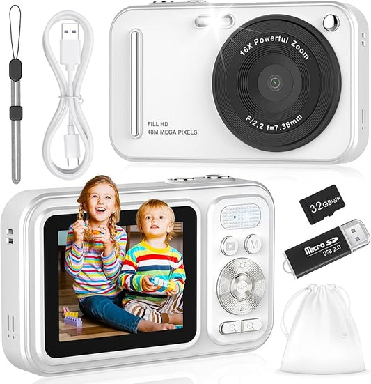 Digital Camera for Kids, WITYEAH 48MP FHD 1080P Point and Shoot Digital Cameras with 16X Zoom Anti-Shake, Compact Portable Cameras for Photography, for Boys Girls Teens Beginners,White