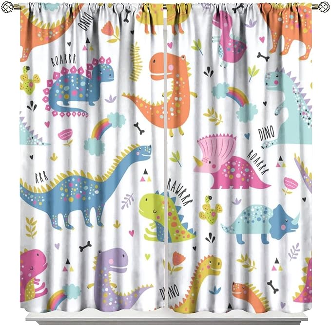 Cartoon Dinosaur Curtains for Kids Boys Girls Home Decor Childish Cute Dino Animals Print Pattern Rod Pocket Blackout Window Drapes for Nursery Baby Bedroom Playroom W21xL63in 2 Panels