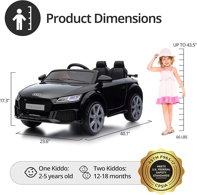 Electric Ride on Car for Kids, Licensed Audi 12V 7Ah Kids Ride-on Toy for Toddlers 3-5 Year Old with Remote, Bluetooth - Black