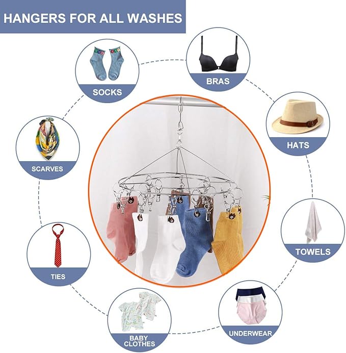CenYouful 2 Pack Stainless Steel Round Hanging Drying Rack with 20 Clips for Drying Socks, Baby Clothes, Bras, Towel, Underwear, Hat, Scarf, Pants, Gloves