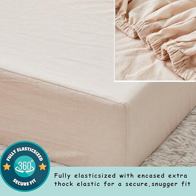 Brandream 3 Pieces Crib Bedding Set for Girls or Boys Quilt,Crib Sheet,Dust Ruffle Skirt, 100% Washed Cotton Like Linen Supersoft Farmhouse Chic Boho Beige Classic Quilted Plaid Design