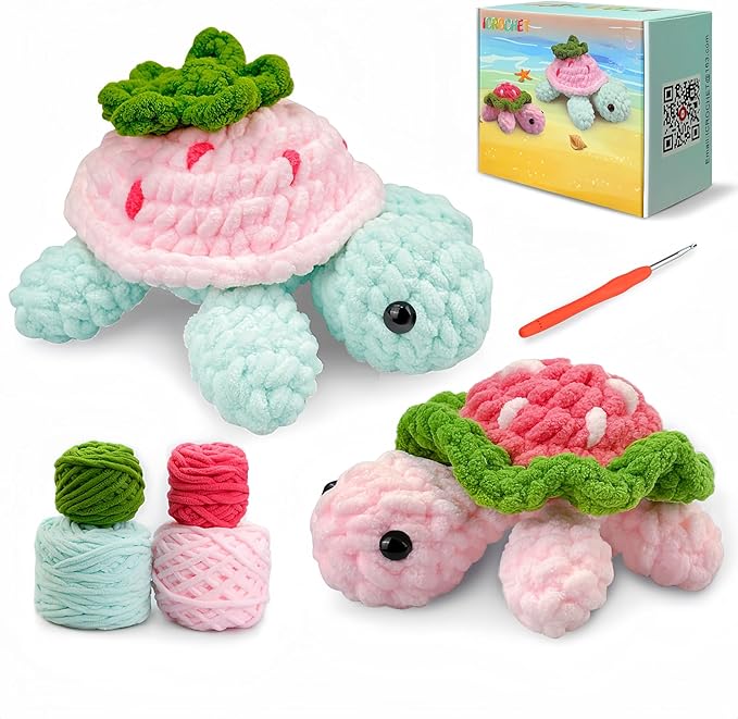 Crochet Kit for Beginners,Crochet Starter Kit with Step-by-Step Video Tutorials,DIY Crochet Animal Kits for Adults Kids,Complete Kit Included(2PCS Turtle)