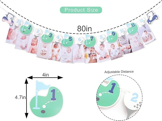 Hole In One First Birthday - Golf 1st Birthday Decorations,Golf 12 Month Photo Banner,Golf 1st Year Photo Banner One High Chair Banner