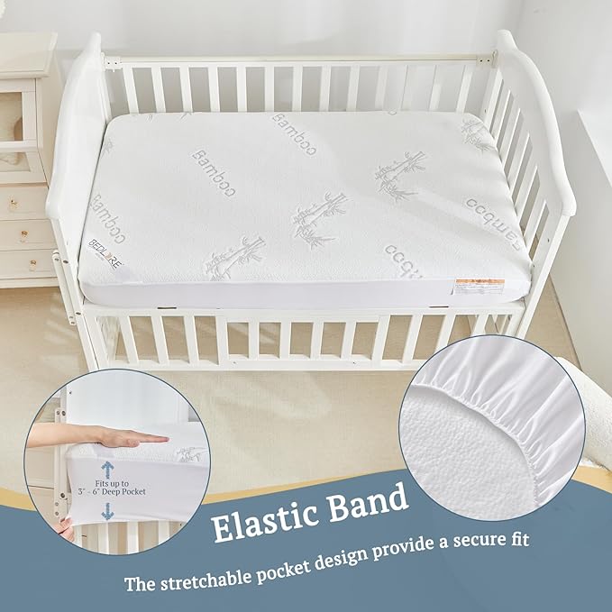 BEDLORE Waterproof Crib Mattress Protector 2 Pack, Ultra Soft Bamboo Viscose Crib Mattress Pad Cover, Noiseless Toddler Mattress Protector for Standard Baby Bed Size 52''x28'', White