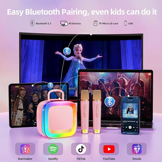 Kinglucky Karaoke Machine for Kids Girls Ages 3-12 with 2 Light-Up Microphones, Bigger Size Yet Portable Bluetooth Speaker with Voice Effects for Birthday, Family Fun & Party (Pink)