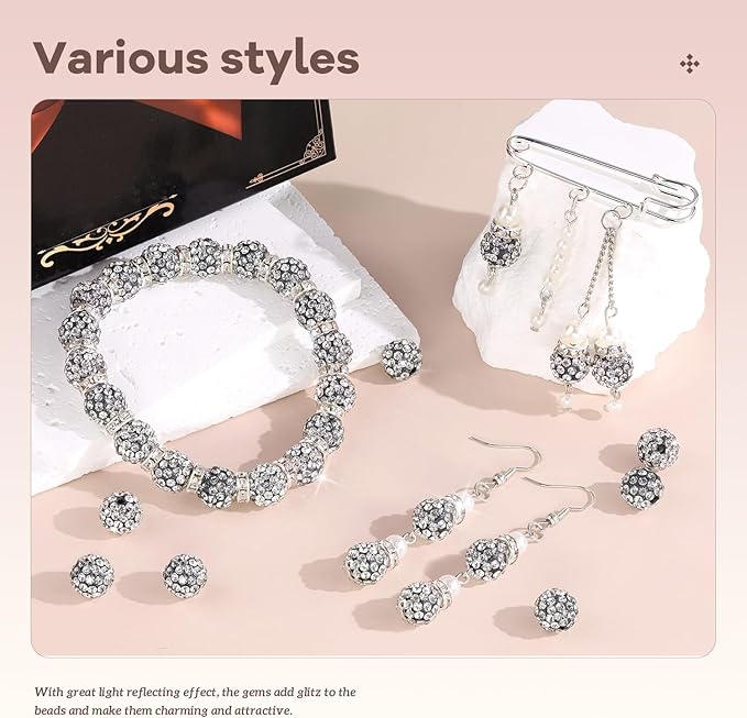 200pcs 10mm Rhinestone Beads for Jewelry Making, Black White Shiny Round Disco Ball Beads Bulk, Sparkle Crystal Clay Christmas for Bracelet Baseball Necklace Earring Crafting and DIY