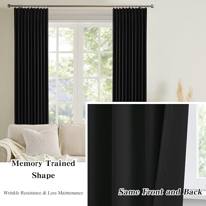 KEQIAOSUOCAI Short Pinch Pleated Blackout Curtains 63 Inch Long 2 Panels for Bedroom Thermal Insulated Black Out Window Curtain Pinched Pleat Drape with Hooks (W40 x L63 Inch, Black)