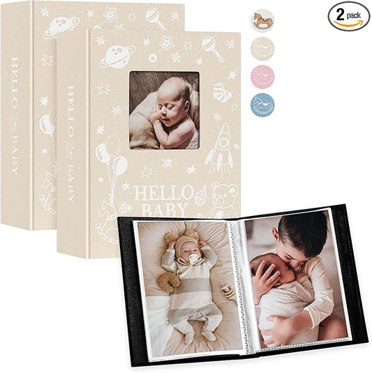 Lanpn Baby Photo Album 4x6 100 Pockets 2 Packs, Mini Linen DIY Window Photo Book Newborn Bebe Album Memory Book Sets, Holds 100 Top Loader Vertical Pictures Gift for Kids Boy Girl Baby Shower, Beige