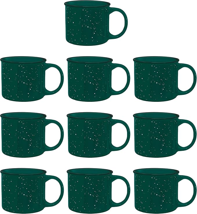 DISCOUNT PROMOS Ceramic Campfire Coffee Mugs 13 oz. Set of 10, Bulk Pack - Perfect for Tea, Espresso, Cappuccino, Hot Cocoa - Green