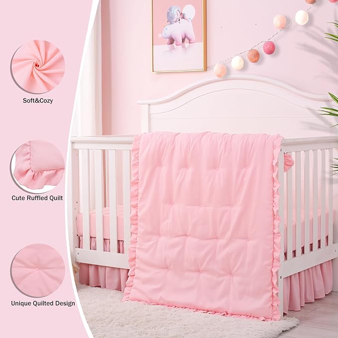 Cloele 3 Pieces Crib Bedding Set for Girls- Solid Ruffle Quilted Includes Comforter Fitted Sheet Crib Skirt,Cute Ruffled Nursery Baby Crib Standard Size Baby Bedding Set Pink