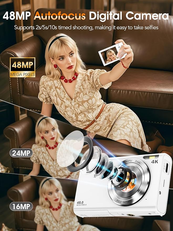 Digital Camera,Autofocus 4K Vlogging Camera for Photography with 32GB Card,48MP Portable Compact Point and Shoot Digital Camera for Teens Adult Beginner with 16X Zoom,Anti-Shake,2 Batteries(White)