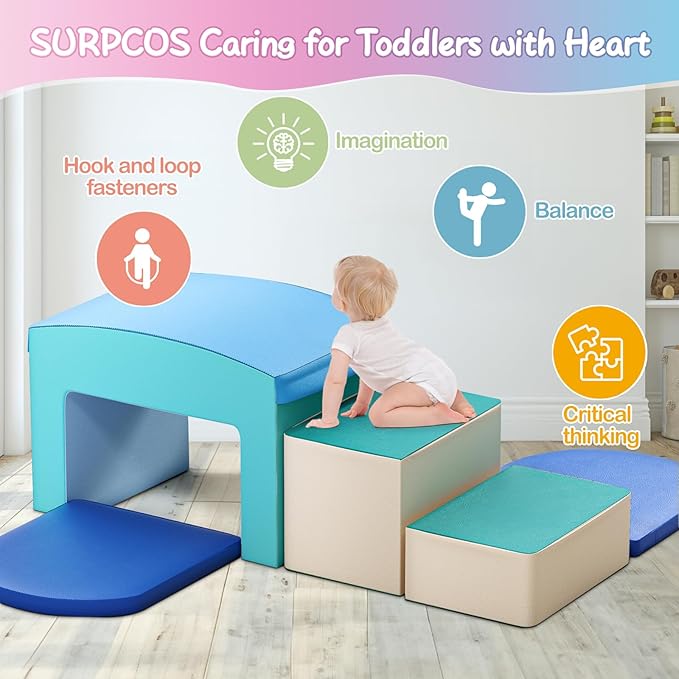 SURPCOS Foam Climbing Blocks for Toddlers - Soft Play Set for Toddlers 1-3 - Climbing Toys - Baby Climbing Gym Foam - with Slide Stairs and Tunnel - Great for All Ages (6 Pc Blue Soft Play Area Set)