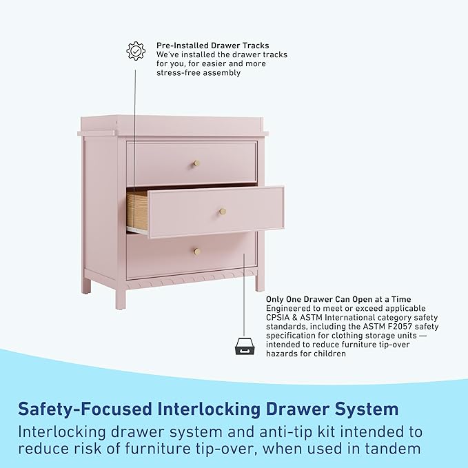 Graco Sasha 3-Drawer Chest with Changing Table Topper (Blush) – GREENGUARD Gold Certified, Nursery Bedroom Chest with Spacious Storage, Interlocking Drawer System, Pre-Installed Tracks