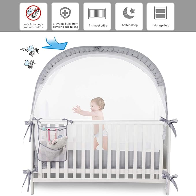 Baby Safety Crib Tent Infant Pop up Mosquito Net Nursery Bed Canopy Netting Cover - Keep Baby from Climbing Out with Hanging Diaper Storage Bag (Gray)