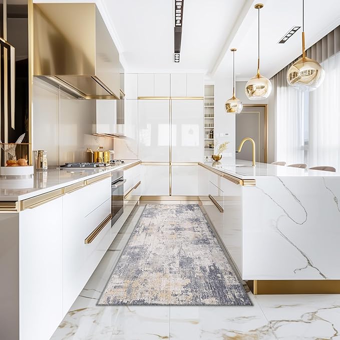 Washable Area Rugs 2'x8' Non-Slip Modern Abstract Soft for Living Room Entryway Bedroom Nursery, Print Pattern, Purple Grey Cream Yellow