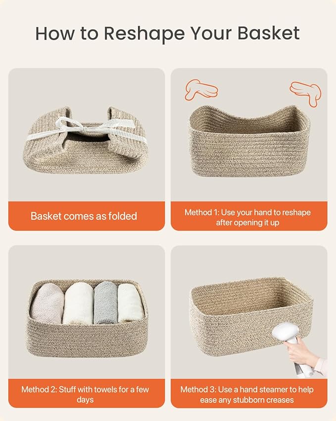 Small Woven Basket, 12 x 8 x 4.5 Inches, Storage Basket for Organizing, Cute Small Rope Shelf Closet Cube Storage Bins Baskets for Shelves, Dog Toy Gift Baskets Empty, 3 Packs, Mixed Brown