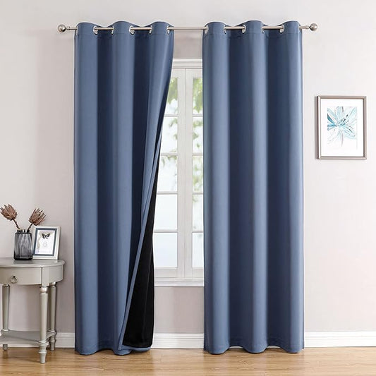 ChrisDowa 100% Blackout Curtains 78 inch Long for Bedroom with Black Liner, 2 Thick Layers Total Blackout Thermal Insulated Grommet Window Curtains 2 Panels Set (Stone Blue, 42 x 78 Inch)