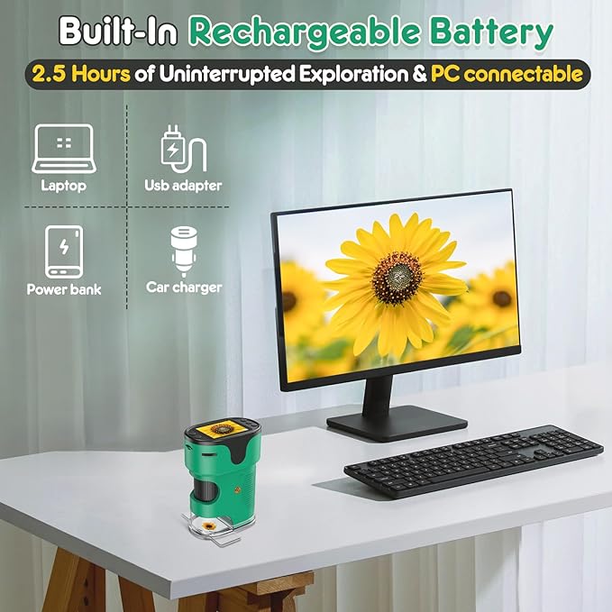 1000X Handheld Microscope for Kids 4K 2.0" Screen Rechargeable Mini Pocket Digital Microscopes w/Slides Kit Portable Edu Gift Age 4-6 8-12 Children Students (Green)