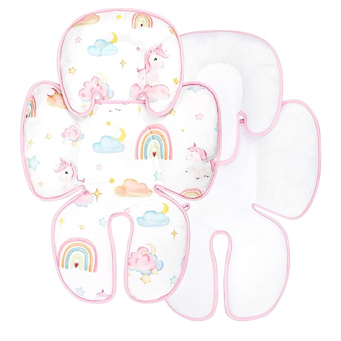 Summer Infant Car Seat Insert, 2 in 1 Baby Car Seat Head Body Support for Newborn Upgrade Mesh Baby Car Seat Insert Stroller Cushion for Boys Girls, Extra Soft and Breathable, Unicorn
