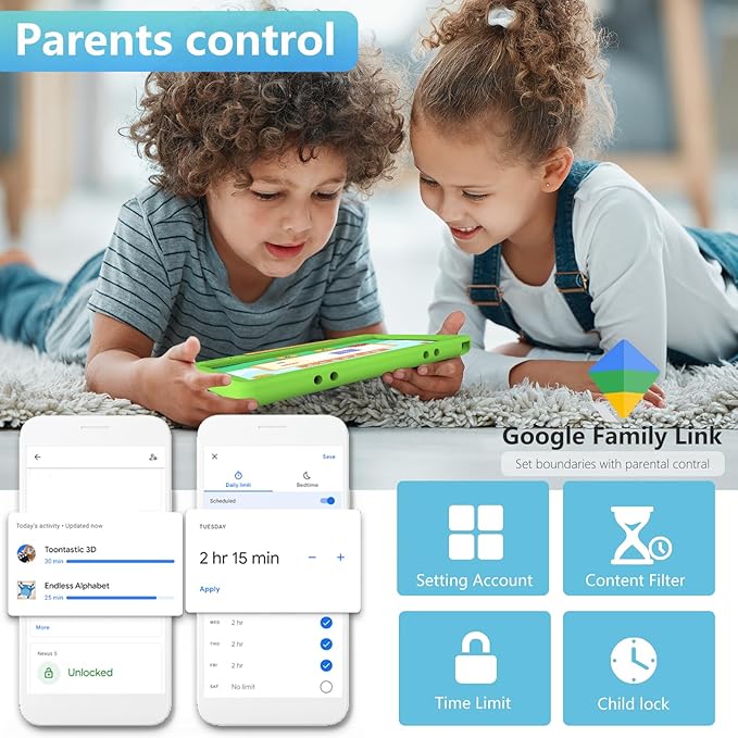 Tablet for Kids 10.1 inch Android 14, 8GB+64GB(TF 1TB) 6000mAh Kids Tablet WiFi6 Parental Control,Face Unlock, 1280 * 800 HD Screen - Green