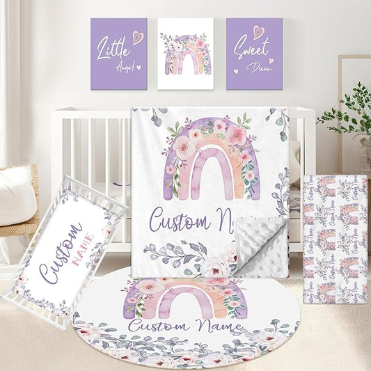 Personalized Baby Bedding Set, 5 Pcs Custom Baby Crib Set with Name, Soft Flannel Rainbow Crib Bedding Set for Girls, Double Layer Nursery Bedding Set, Infant Toddler Bedding Set Parents Gift