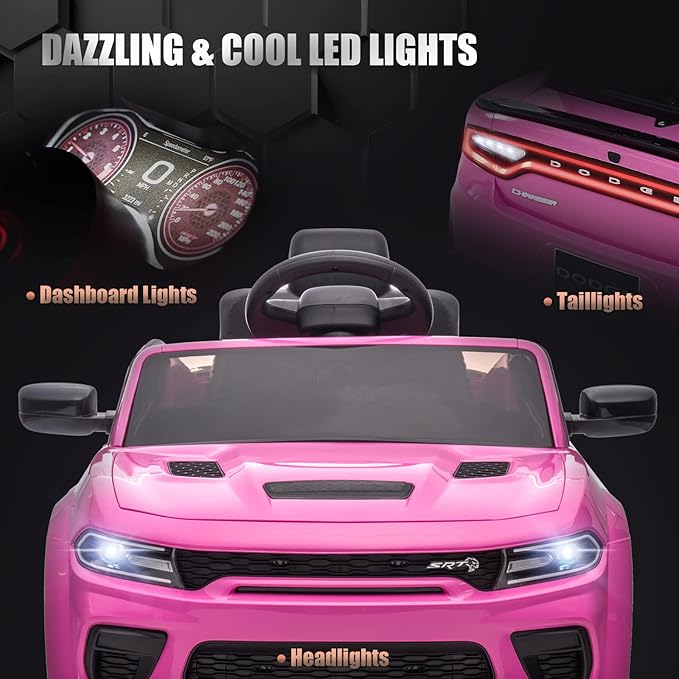 12V 7Ah Kids Electric Ride on Car, Licensed Dodge Charger SRT Hellcat, Battery Powered 4-Wheels Toy Car Electric Vehicle for Kids with Remote Control, 3 Speeds, LED Lights, Music (Pink)
