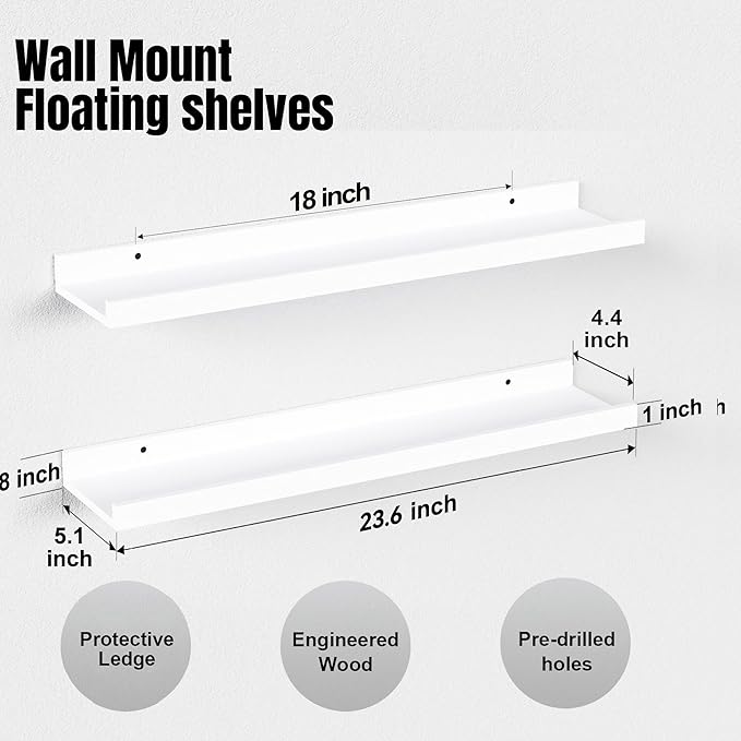 23.6 Inches Long Floating Shelves Wall Mounted, 2 Set Modern White Wall Shelf for Bedroom, Nursery Book Shelf with Lip, Picture Ledge Shelf for Wall Decor Living Room Bathroom Kitchen- White