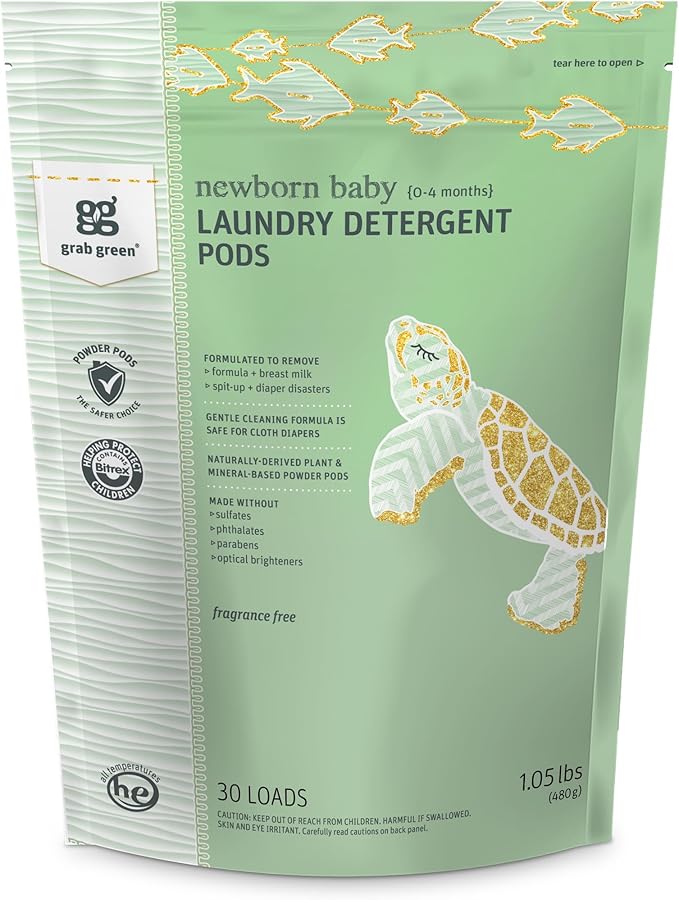 Grab Green Newborn Baby Laundry Detergent Pods, 30 Loads, Fragrance Free, Mineral Based, Non-Toxic, Stain Remover