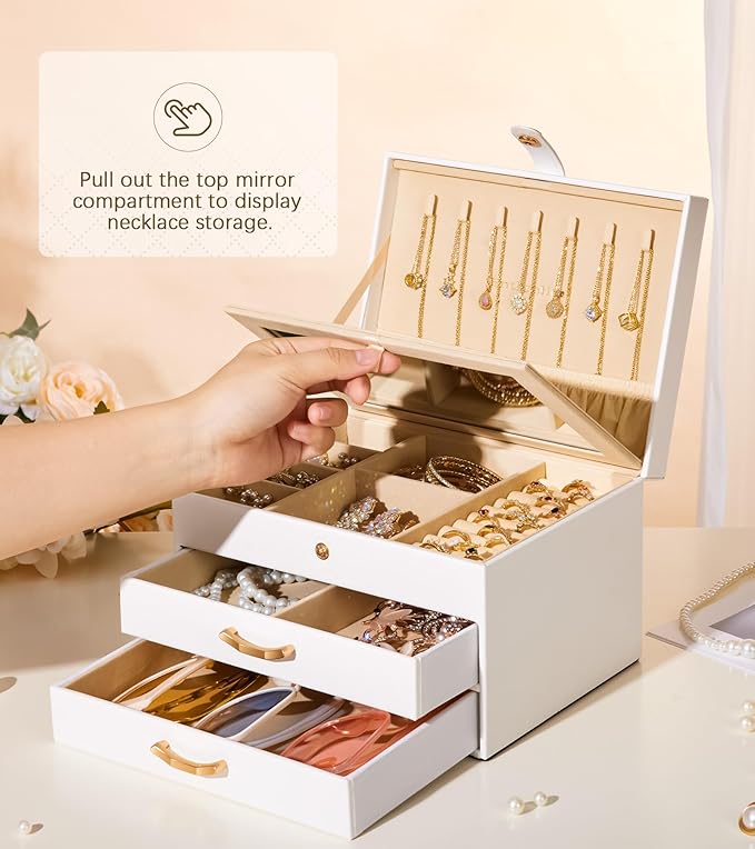 White Jewelry Box Organizer: Home Decor for Women - 2-Drawer Holder for Valentine’s Day Birthday Christmas White Pink