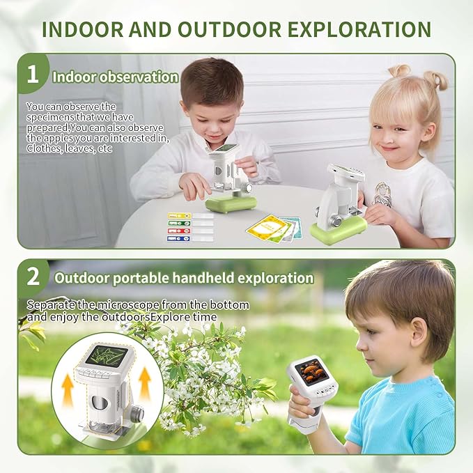 1200X Microscope for Kids with 2 inch Screen STEM Digital Science Kit Rechargeable Handheld Mini Pocket Children Students Slides Portable Gift for Kids Ages 6 to 12 (Green)