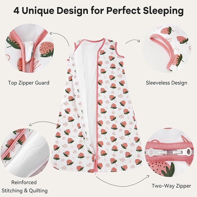 Sleep Sack 18-24 Months TOG 2.5 Winter Baby Wearable Blanket, 100% Cotton Toddler Sleeping Sack with 2-Way Zipper Warm Soft Baby Sleep Sack Strawberry