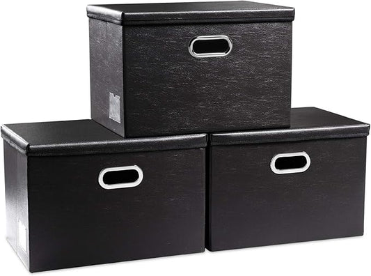 PRANDOM Large Foldable Storage Bins with Lids [3-Pack] Leather Fabric Collapsible Storage Boxes Organizer Containers Baskets Cube with Cover for Home Bedroom Closet Office Black(17.7x11.8x11.8)