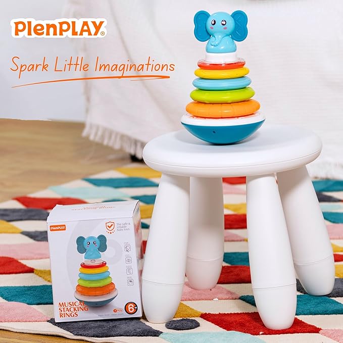 PlenPLAY Baby Tummy Time Toys - Musical Stacking Rings for Toddlers 1-3, Sensory Learning Toys with Elephant Themed Stackable Rings