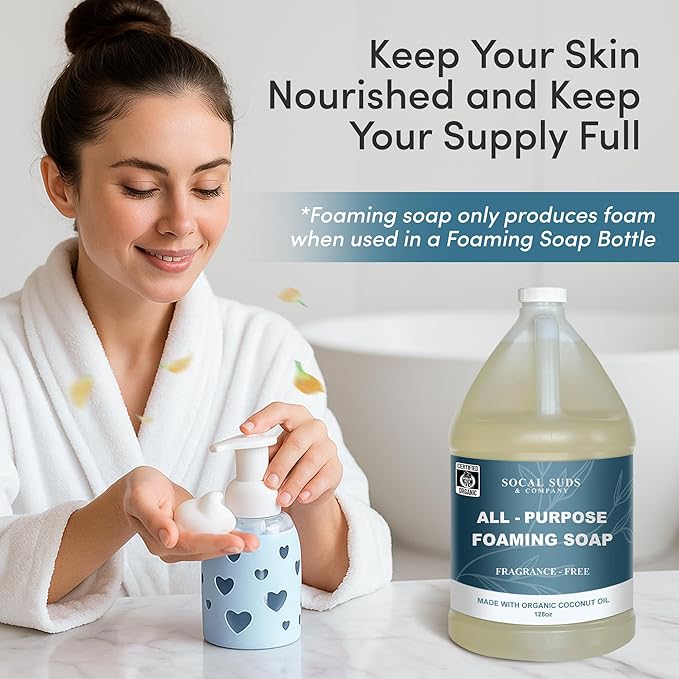 SoCal Suds & Company 128oz Certified Organic Foaming Hand & Body Wash - Gentle Natural Body,Baby & Face Wash for Sensitive Skin, Moisturizing All-Purpose Foaming Soap & More - Fragrance Free