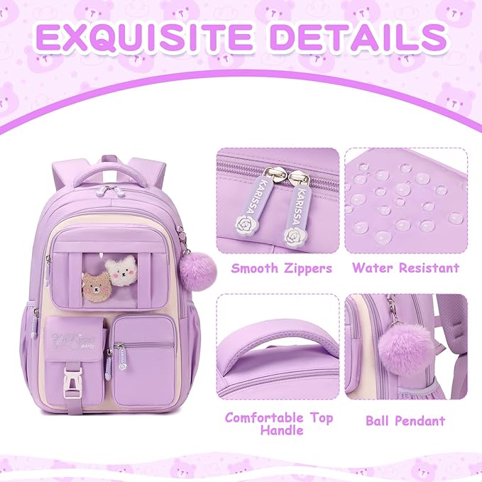 Kids Backpack for Girls School Bags for Middle School Students Book Bag for Elementary Primary Kawaii Ita Backpack, Purple and Beige