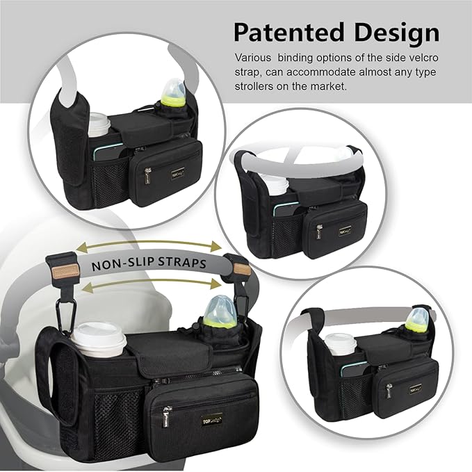 TOPDesign Universal Baby Stroller Organizer, Stroller Caddy with Heightened Insulated Cup Holders & Non-Slip Secure Hooks Accessories, Fits Most Strollers, Machine Washable (Black)