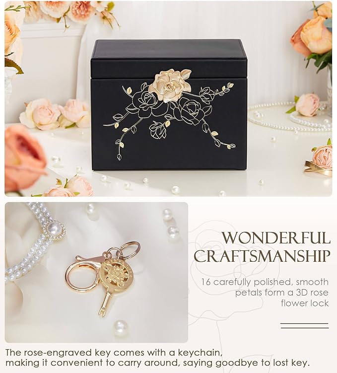 Jewelry Box with Lock for Girls: Jewelry Organizer for Dresser - 3-Drawer Earrings Storage Girls Women Gift (Black)