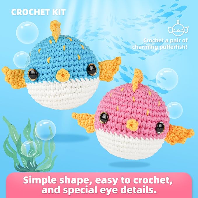 Crochet Kit for Beginners, Learn to Crochet, Include Easy Knitting Soft Yarn, Step-by-Step Video Tutorial, Hook, Holiday Birthday Gift for Adults and Kids(2 Pack Blowfish)