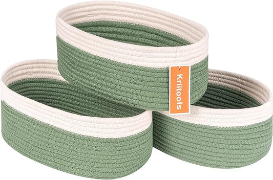 Shelf Storage Baskets for Organizing|Cute Basket for Closet&Blanket Storage|Small Woven Baskets to Store Toys,Books,etc.-13x8.66x5.11’’ Cotton Rope,Stylish,Oval 3 Packs Off White&Green