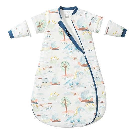 Baby Sleep Sack 3-6 Months, Cotton Detachable Long Sleeve Sleep Sack, 1.0 Tog Toddler Sleeping Sack with Temperature Strips, 2-Way Zipper Wearable Blankets for Newborns, Dinosaur