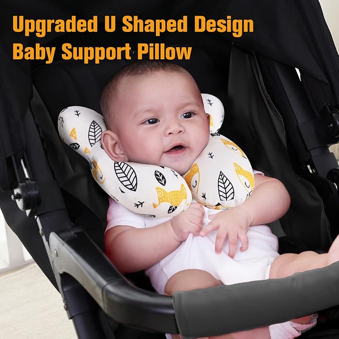 KAKIBLIN Baby Neck Pillow, Upgraded Baby Support Pillow for Head and Neck, Babies Head Pillow for Car Seat,Pushchair,Travel(Yellow Fox)