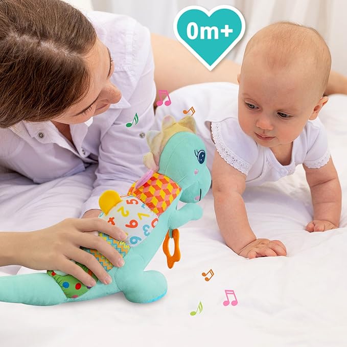 Baby Dino Plush Soft Stuffed Animal Toy for 0-3-6-12+ Months,Infant Musical Toy with Rattle,Squeaker,Sensory Crinkle,Teether & Textures,Tummy Time Toys Christmas Baby Gift for Newborn Girl Boy (Blue)